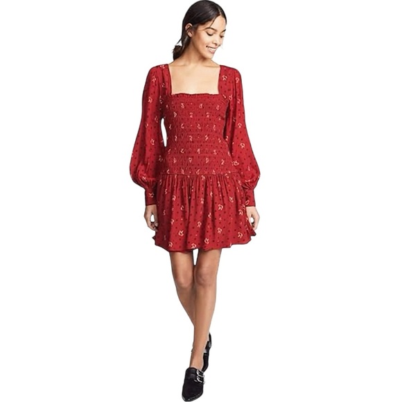 Free People Two Faces Mini Dress ruby red floral smocked long sleeve XS boho - Picture 5 of 16